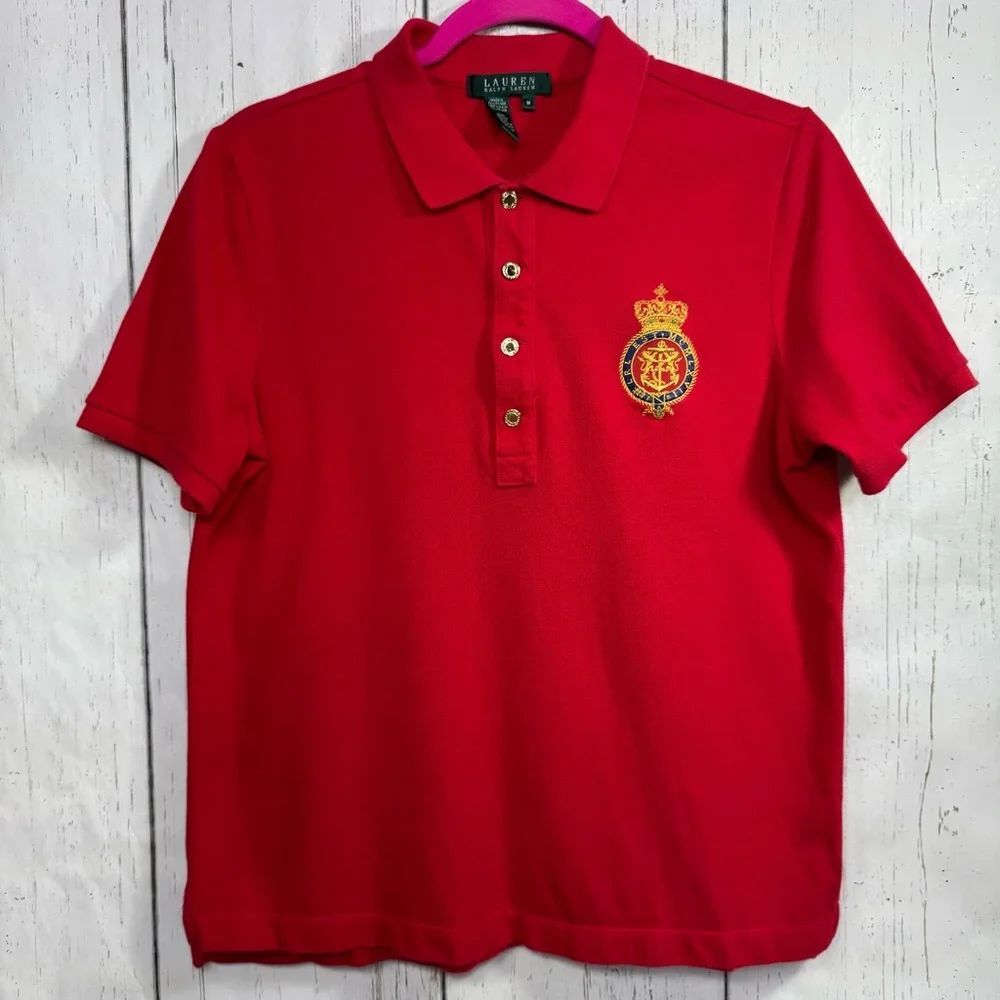 Lauren Ralph Lauren Red Crest Embroidered Polo Shirt Preppy Equestrian Classic M